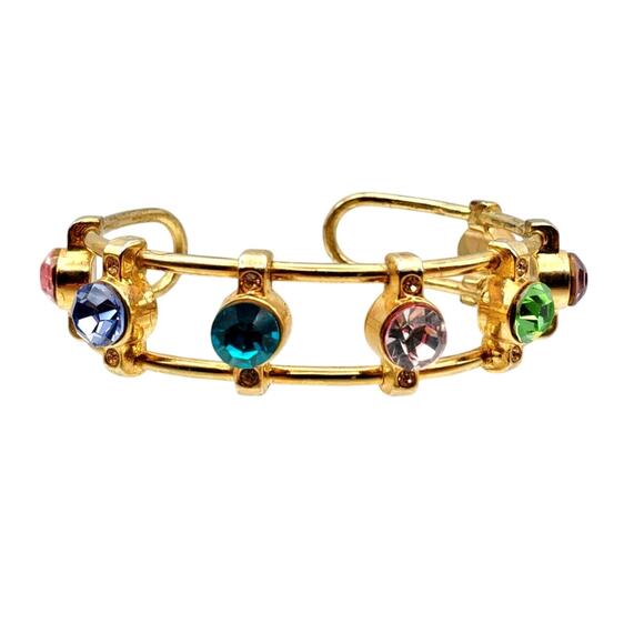 Modernist Crystal Wire Cuff Bracelet Multi Color Faux Gem Boho Bangle Open Work - Picture 1 of 8